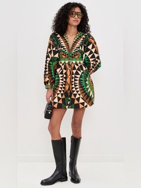 Farm Rio Green Heart Deco Puff Sleeve Mini Dress